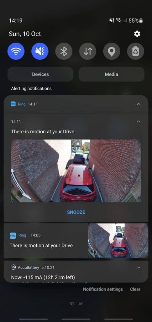 Ring smart notifications showing a snapshot within the smart phone notification