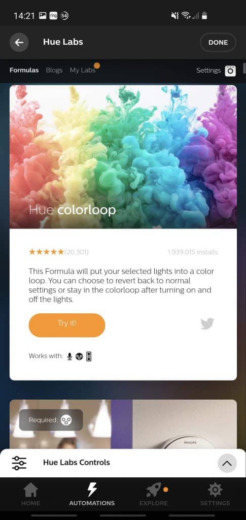 The Hue Labs section of the Hue app showing various lab formulas that can be used