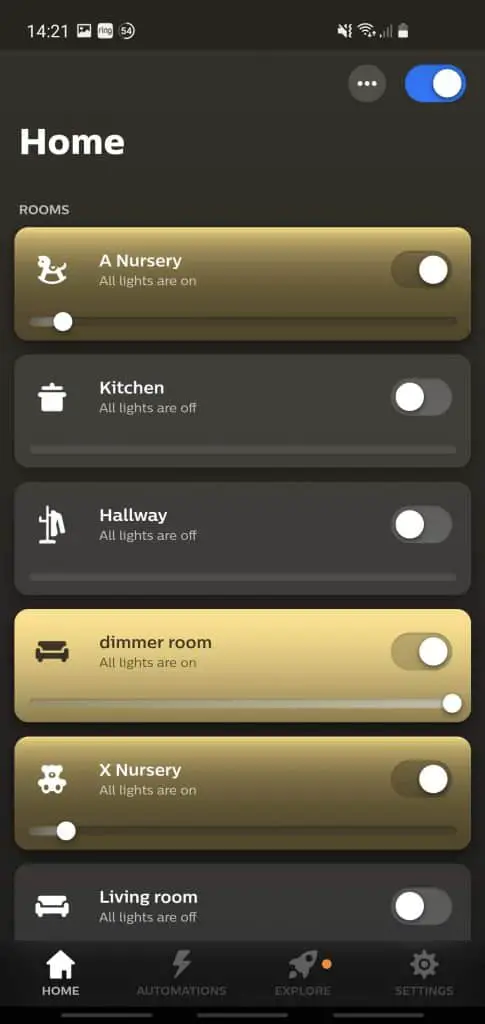 The Philips Hue app showing various lights and how they can be controlled