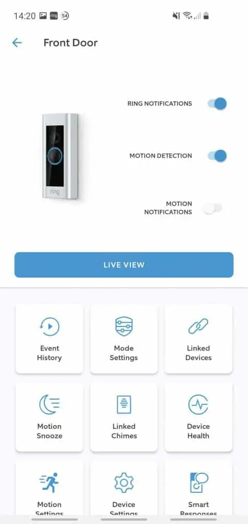The Ring App showing various settings and options for the Ring Doorbell Pro including motion and recording settings