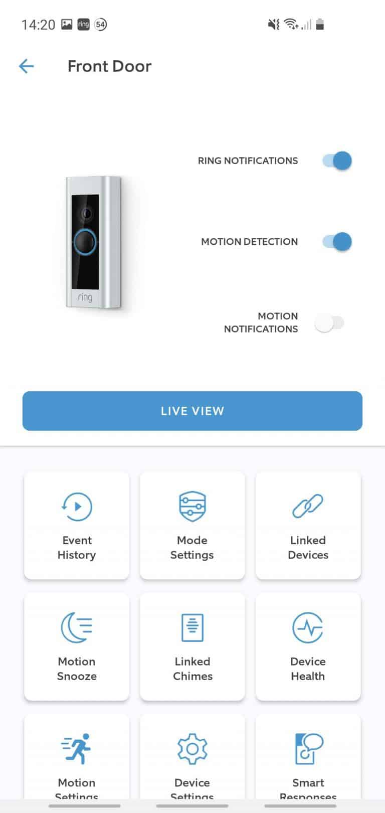 The Ring App showing various settings and options for the Ring Doorbell Pro including motion and recording settings