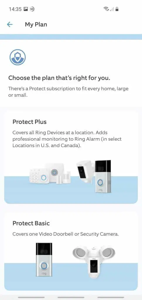 The Ring Protect Basic and Plus plans shown within the Ring app
