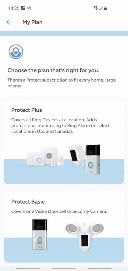 The Ring Protect Basic and Plus plans shown within the Ring app