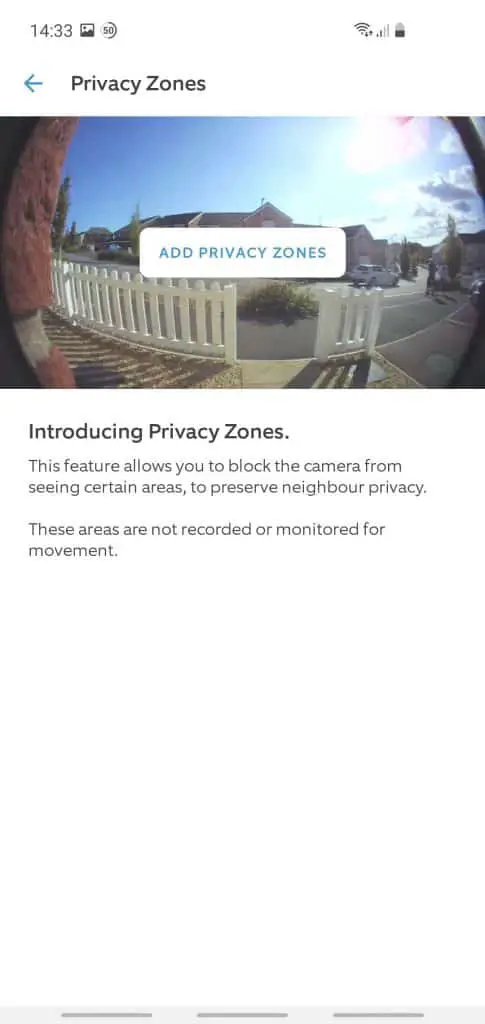 The add privacy zones section within the Ring app