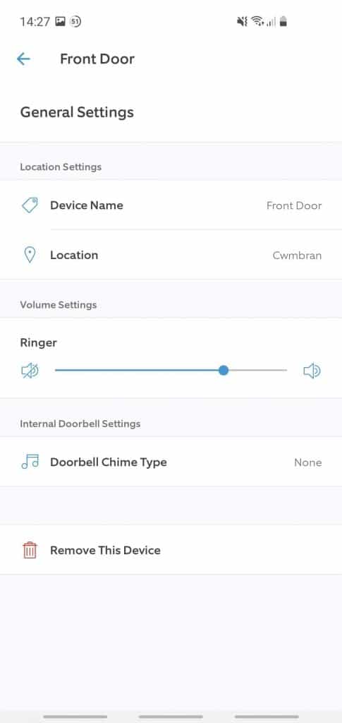 The ringer volume and other device settings of a Ring Doorbell within the Ring app