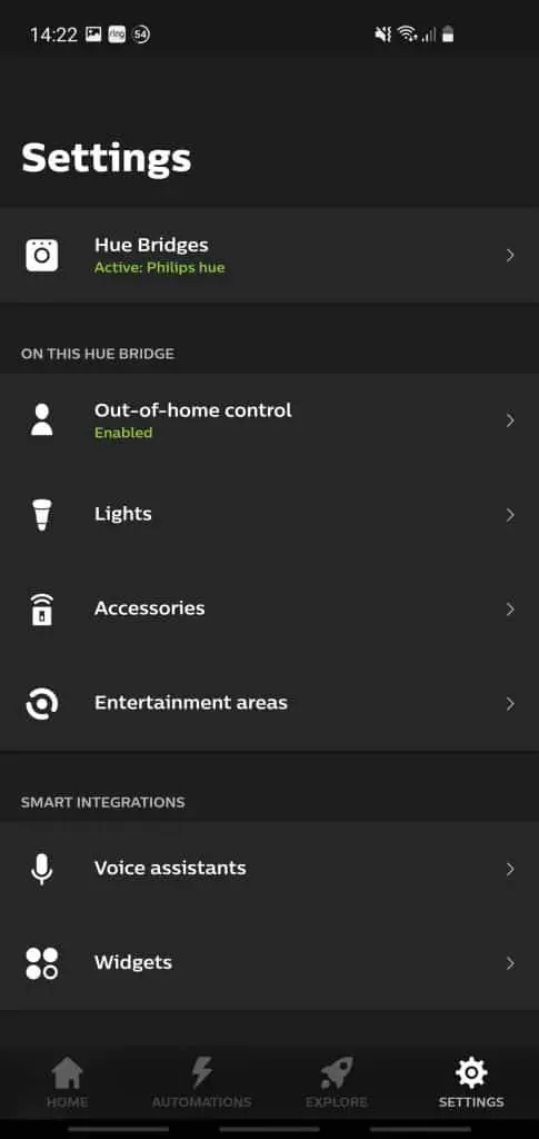 The settings page of the Philips Hue app showing accessories Hue Bridge and more