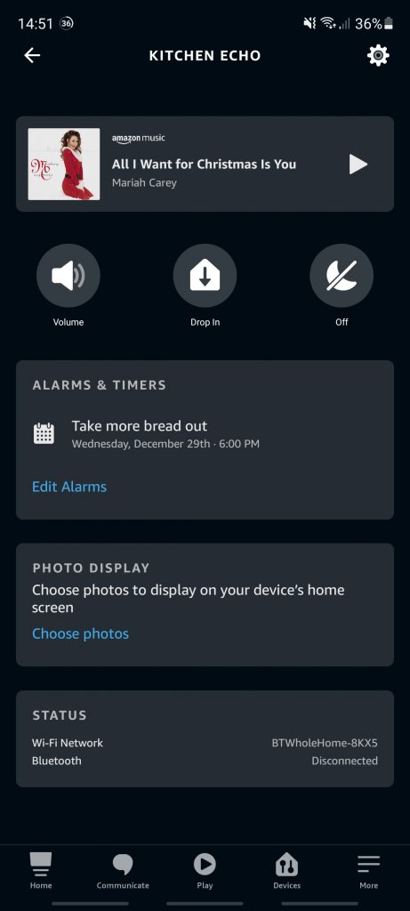 An Echo SHow with volume drop in and screen options within the Alexa app