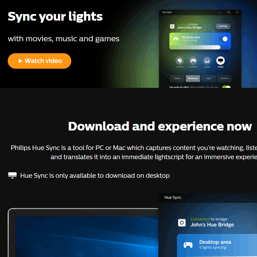 Screenshot from the Hue Sync webpage