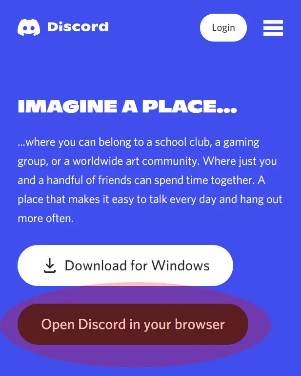 Discord website with the open in browser option