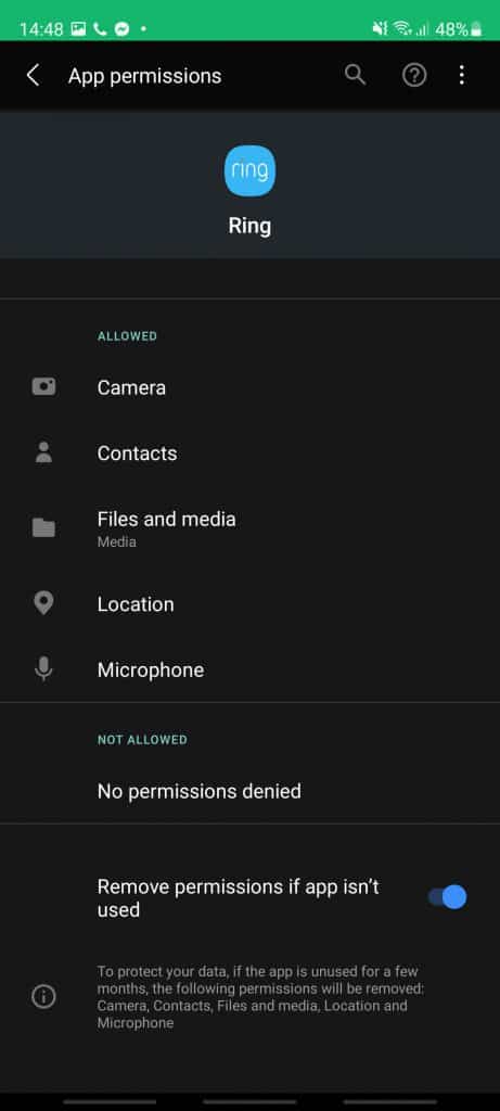 Ring app permissions on Android