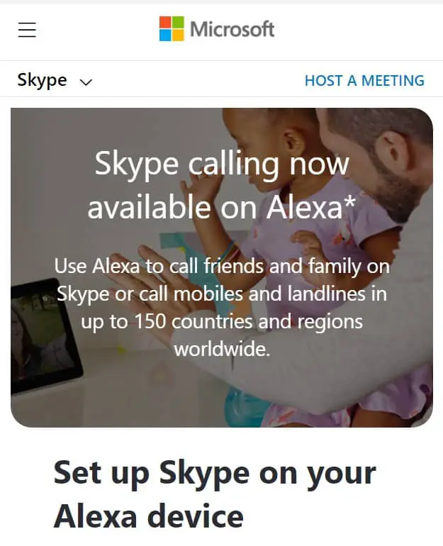 The Microsoft website confirming that Skype works with Alexa