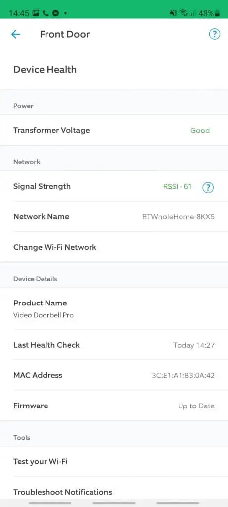 The WiFi signal strength section of the Ring app