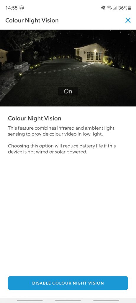 The Ring app explaining what color night vision is