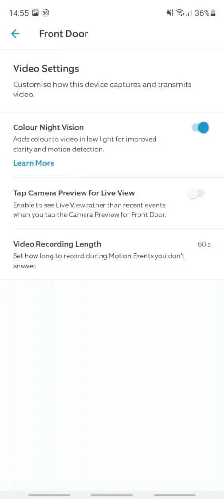 The options for Color night vision camera preview and video recording length in the Ring app