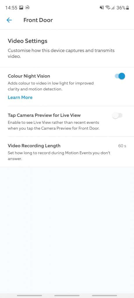 The options for Color night vision camera preview and video recording length in the Ring app