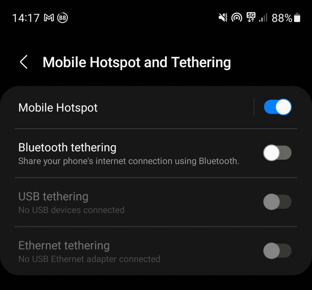 Mobile hotspot options on an Android phone