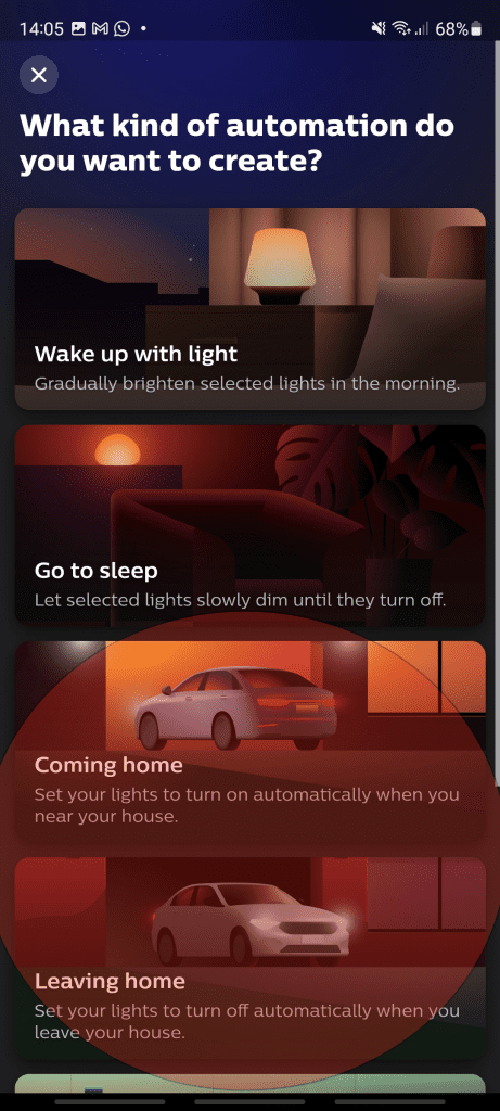 The coming home and leaving home sections under the Hue app