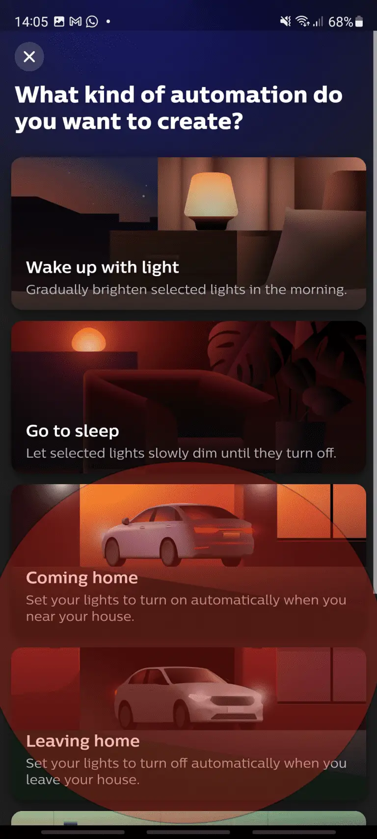 The coming home and leaving home sections under the Hue app
