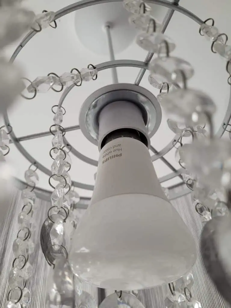A Philips Hue color bulb on a ceiling fixture