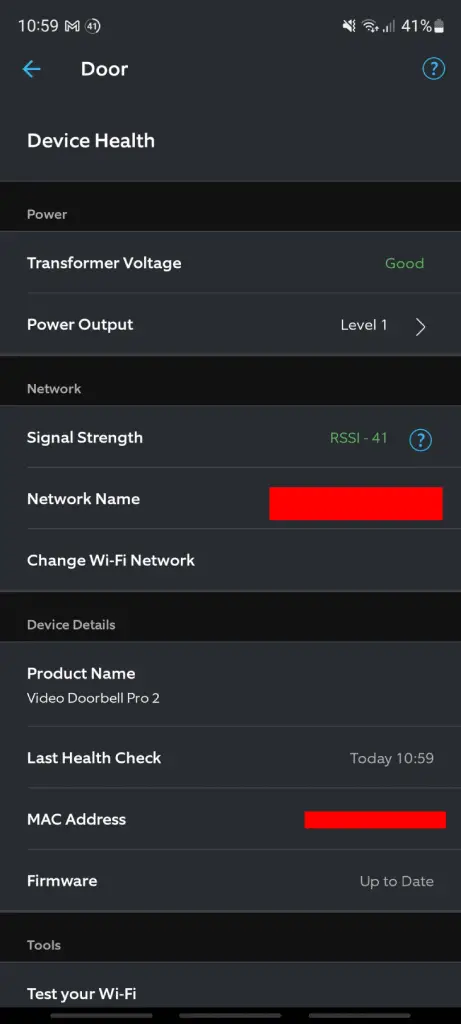 The Device Health section of the Ring app showing a good RSSI value