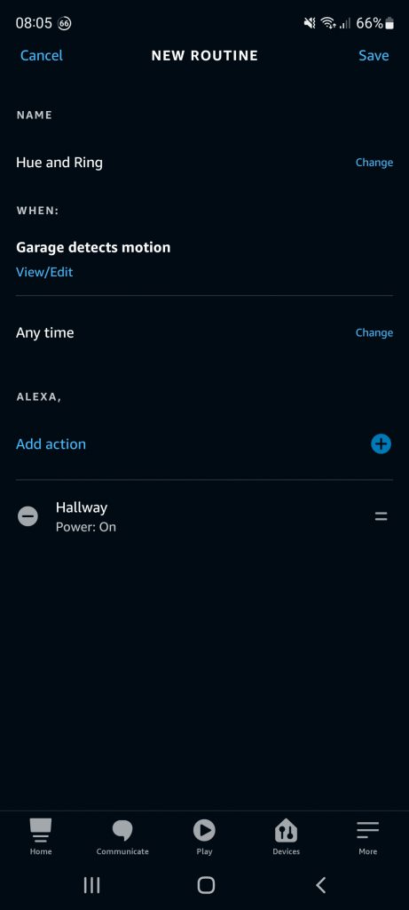 An Alexa routine that links a Ring camera and Hue light