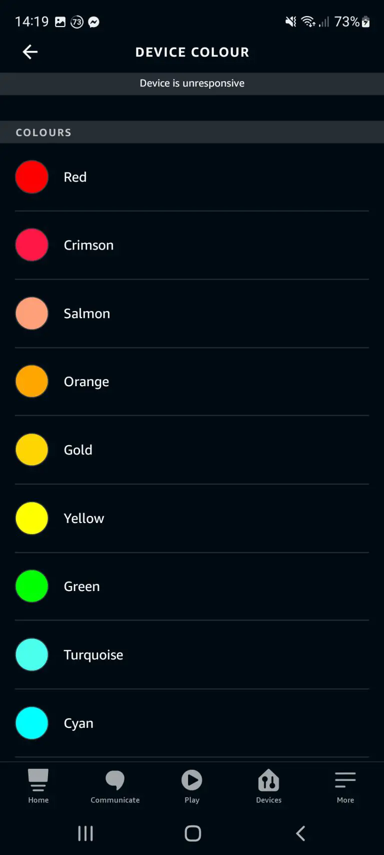 A list of different colors that the Alexa app supports